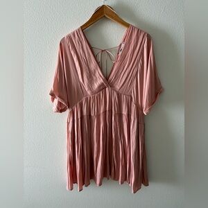 Pink V-Neck Pleated Dress
